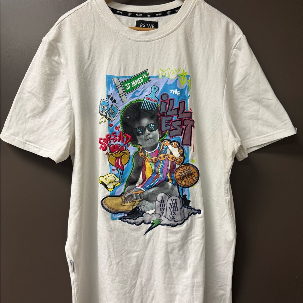 RS1NE - Embroidered Graphic White T-Shirt with Colorful Design